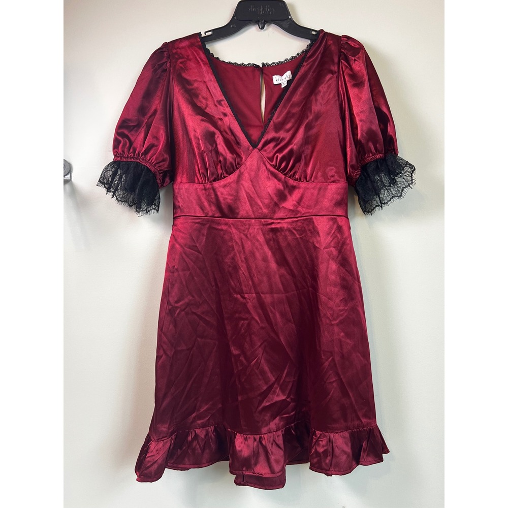 Kit+Sky Ruby‎ Red Satin Lace Puff Sleeve Ruffle Mini Dress Women's Size L NWT